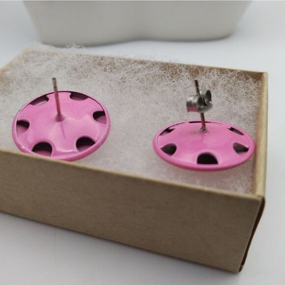 Barbie core pink round disc‎ earrings 1980s vintage for pierced ears - Picture 2 of 2